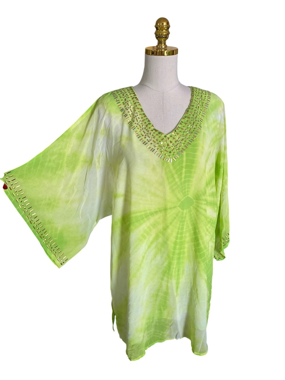 Diane Gilman Lime Green Tie-Dye Beaded V-Neck Kaftan Beach Resort Vacation Top M - Picture 5 of 14